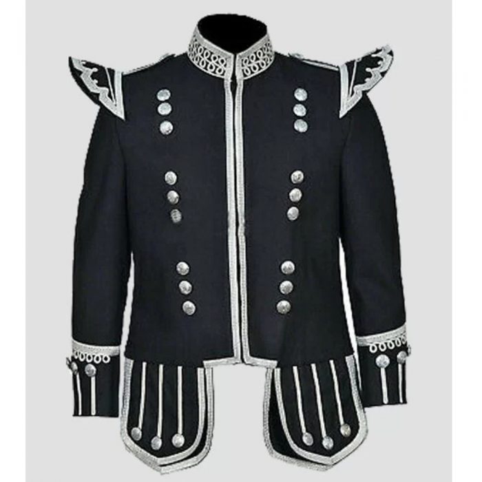 100% Wool New Scottish Black Military Drummer Doublet Tunic Jacket