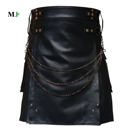 Genuine Black Leather Kilt With Stainless Steel Chain