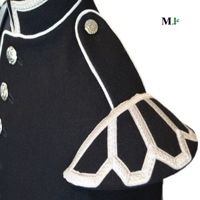 A fancy black doublet with white piping and a silver braid