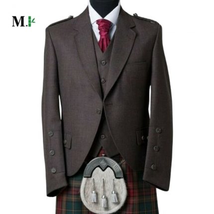 Men's Scottish Kilt Jacket in Brown Wool with Waistcoat