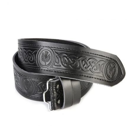 Celtic thistle belt embossed black leather.