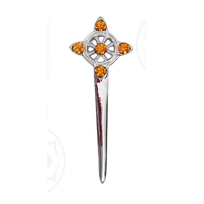 Kilt Pin Chrome Plated 5 amber color stone