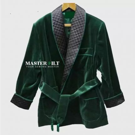 Green Velvet Smoking Jacket Robe Quilted Coat Designe Belted